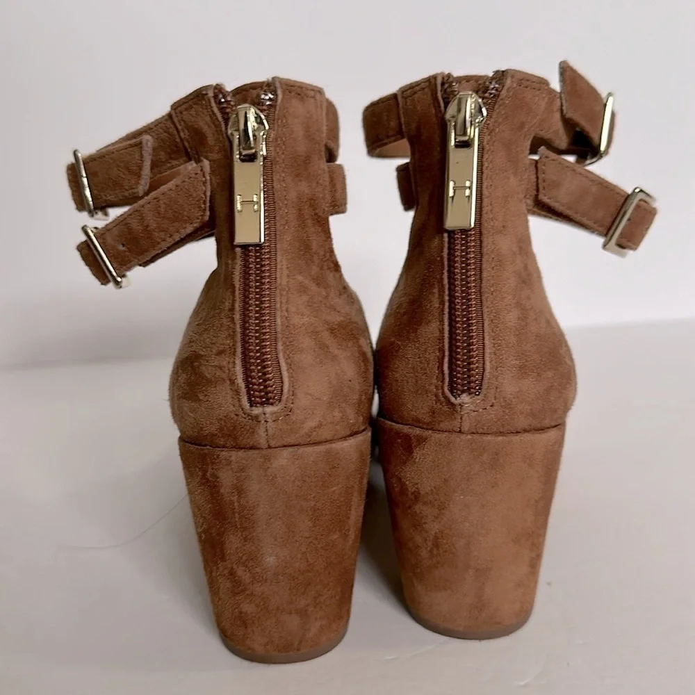 H by Halston Regina Brown Suede Block Heel with Buckle Ankle Strap Zip size 6